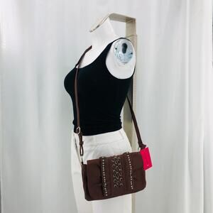elleven k. Brown Faux Leather Chain and Stud Crossbody Bag